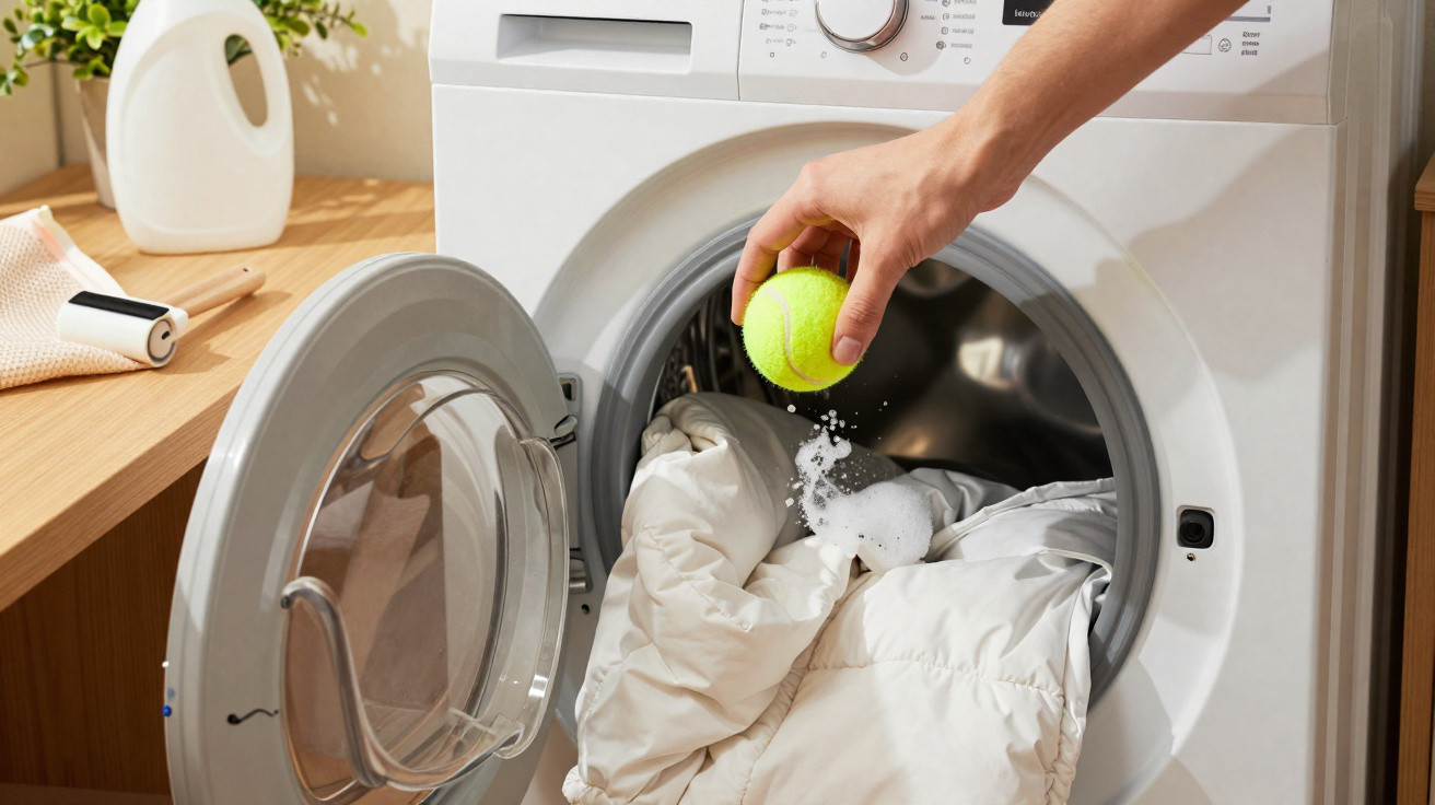 Person placing a tennis ball in a washing machine filled with a white duvet for washing.