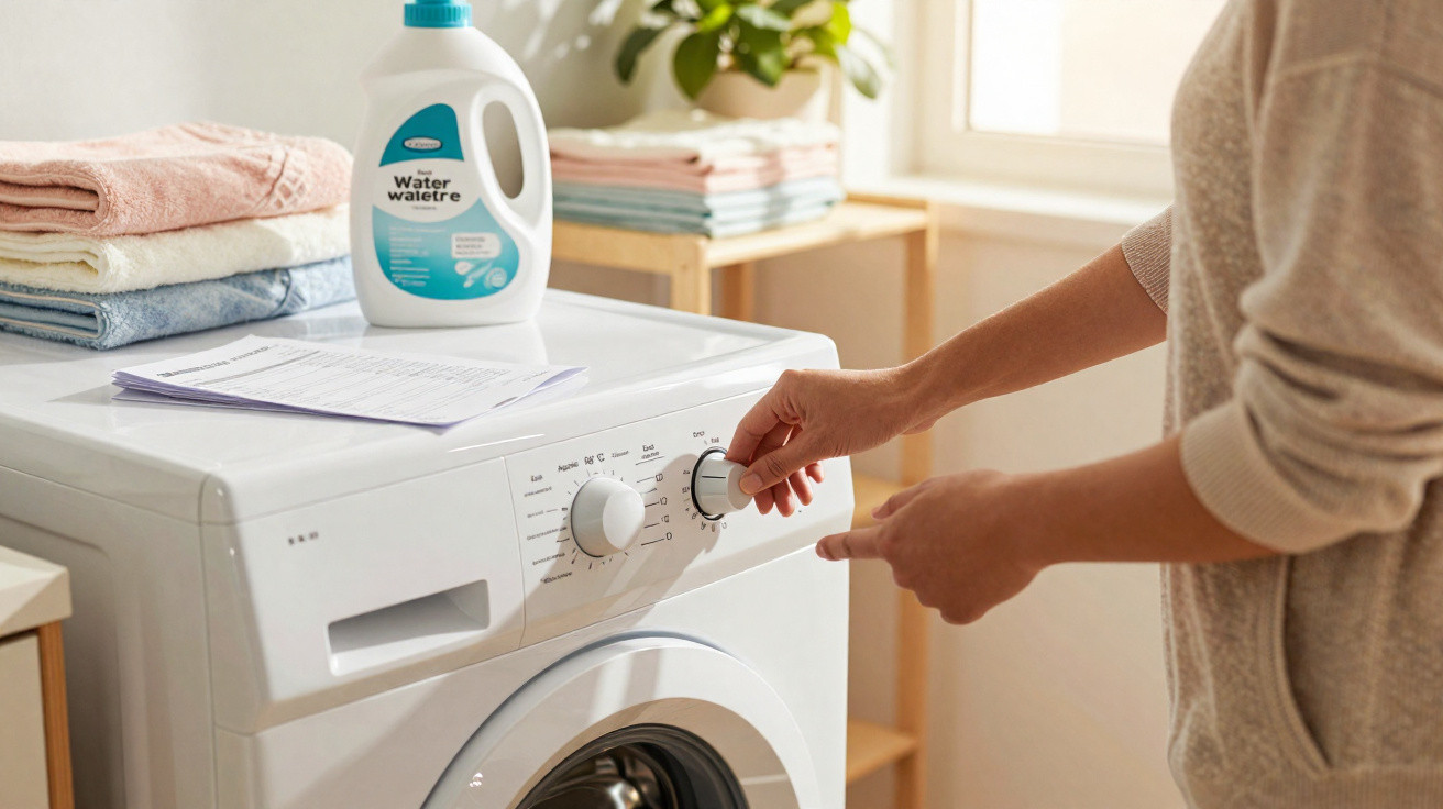 Person adjusting the dial on a white front-load washing machine with detergent and folded laundry nearby