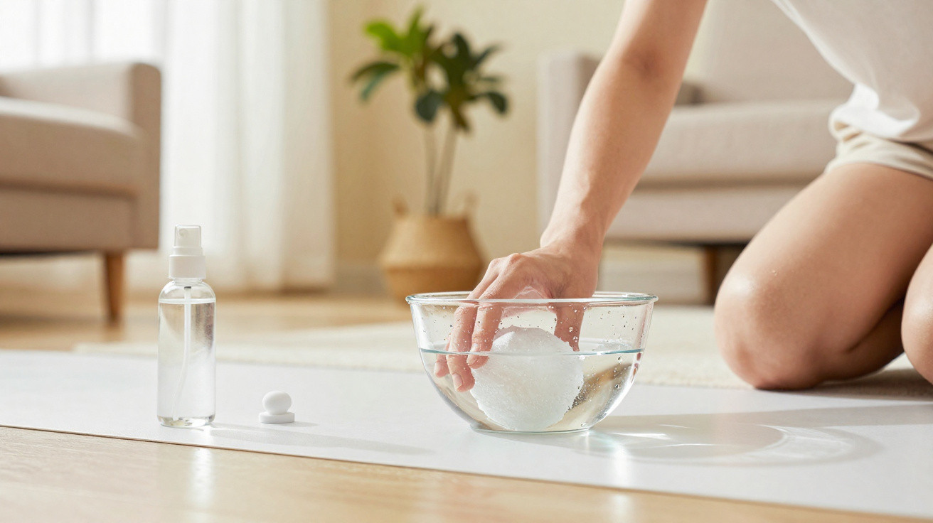 Person kneeling on a yoga mat dipping hand into a bowl of water with a spray bottle and cotton pads nearby.