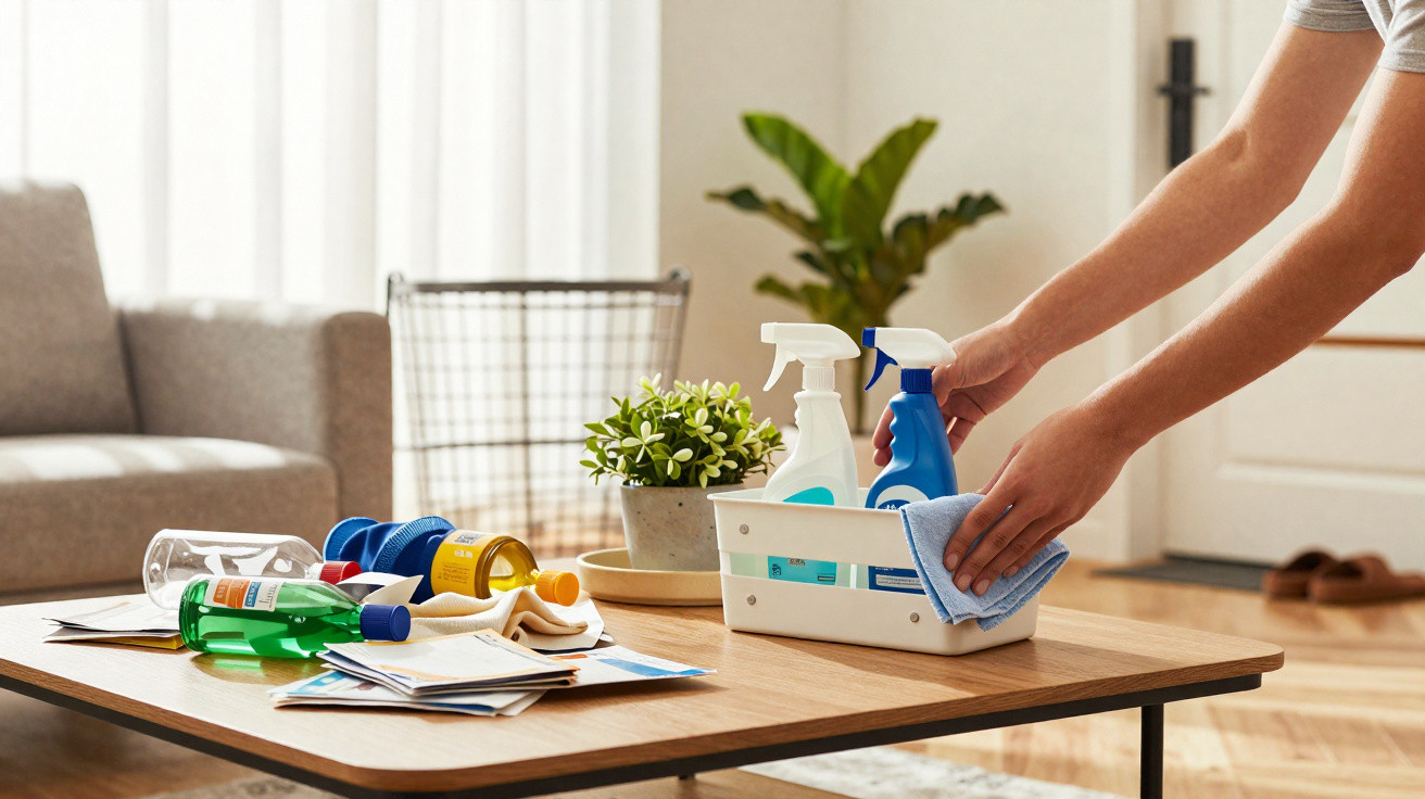 Person organising cleaning sprays and cloth on a wooden coffee table with clutter and a plant nearby in a living room.