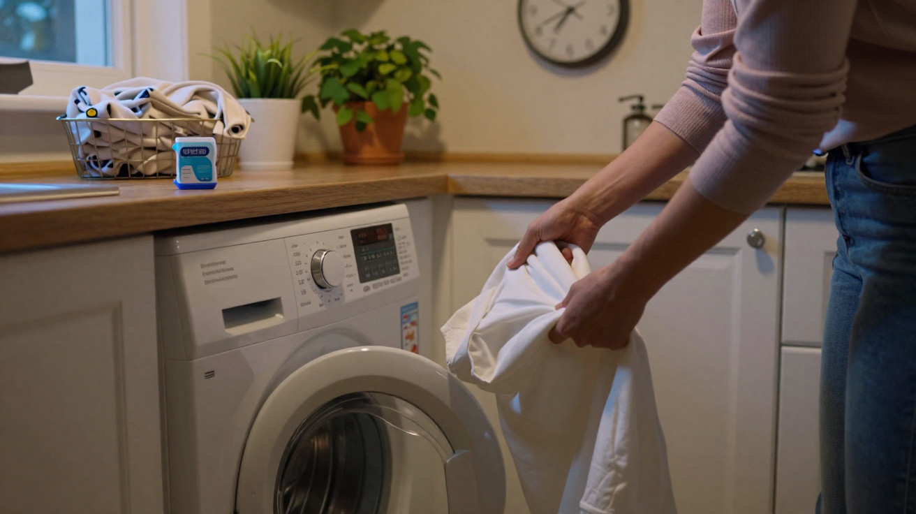 Person loading white laundry into front-loading washing machine in a kitchen with plants on the counter.