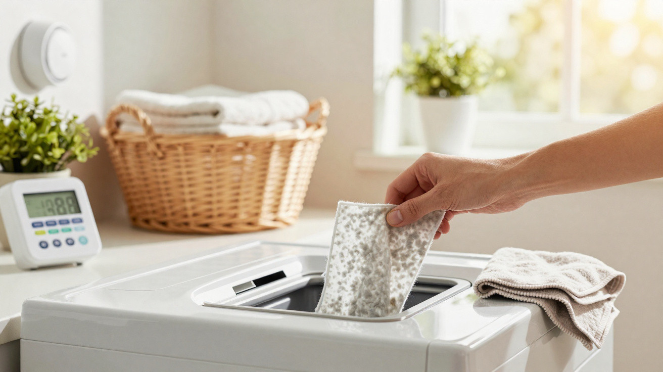 Hand placing a fabric softener sheet into the compartment of a white washing machine in a bright laundry room.