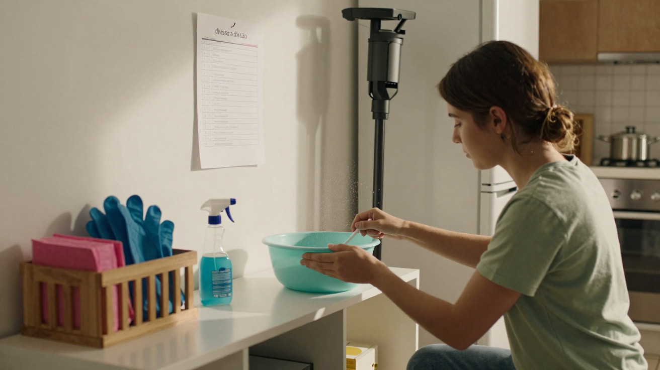 Woman mixing cleaning solution in a blue bowl on a white shelf with cleaning supplies nearby in a kitchen.
