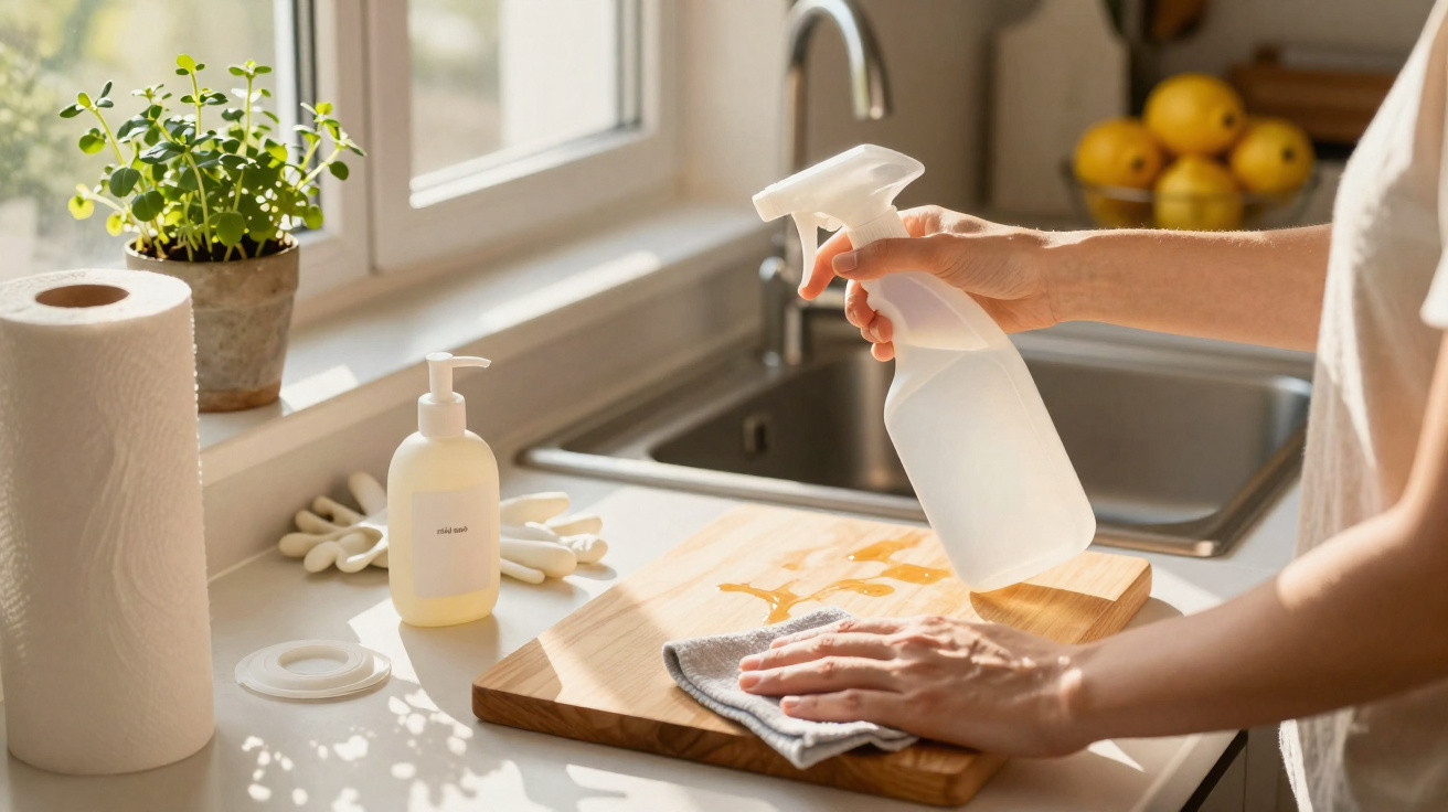 Person spraying and wiping a wooden cutting board in a kitchen next to a sink and paper towel roll.