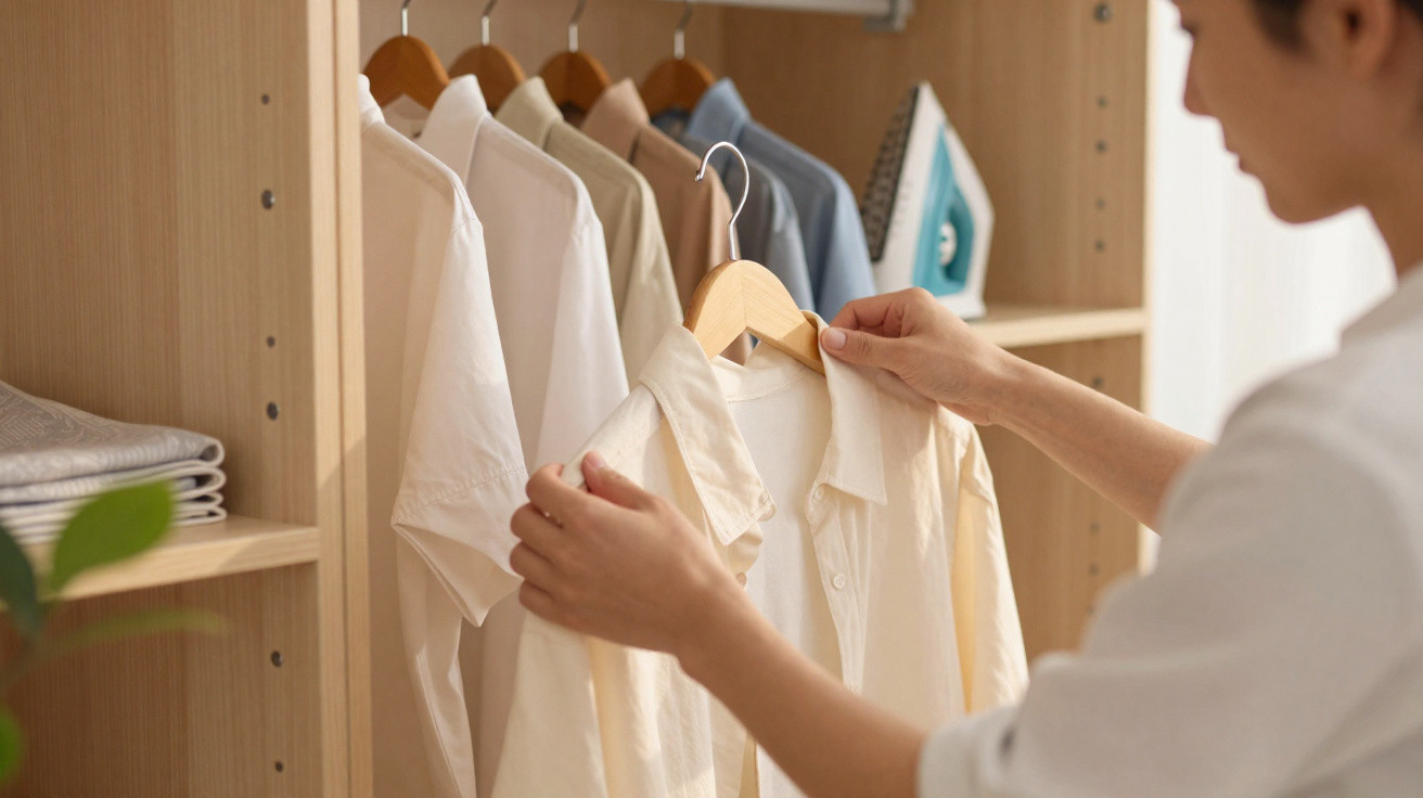 Person organising light-coloured shirts on wooden hangers inside a wardrobe with an iron in the background.
