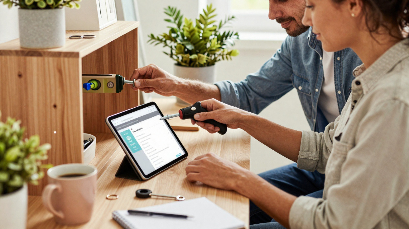 Couple assembling wooden furniture using tools while following instructions on a tablet at a home desk.