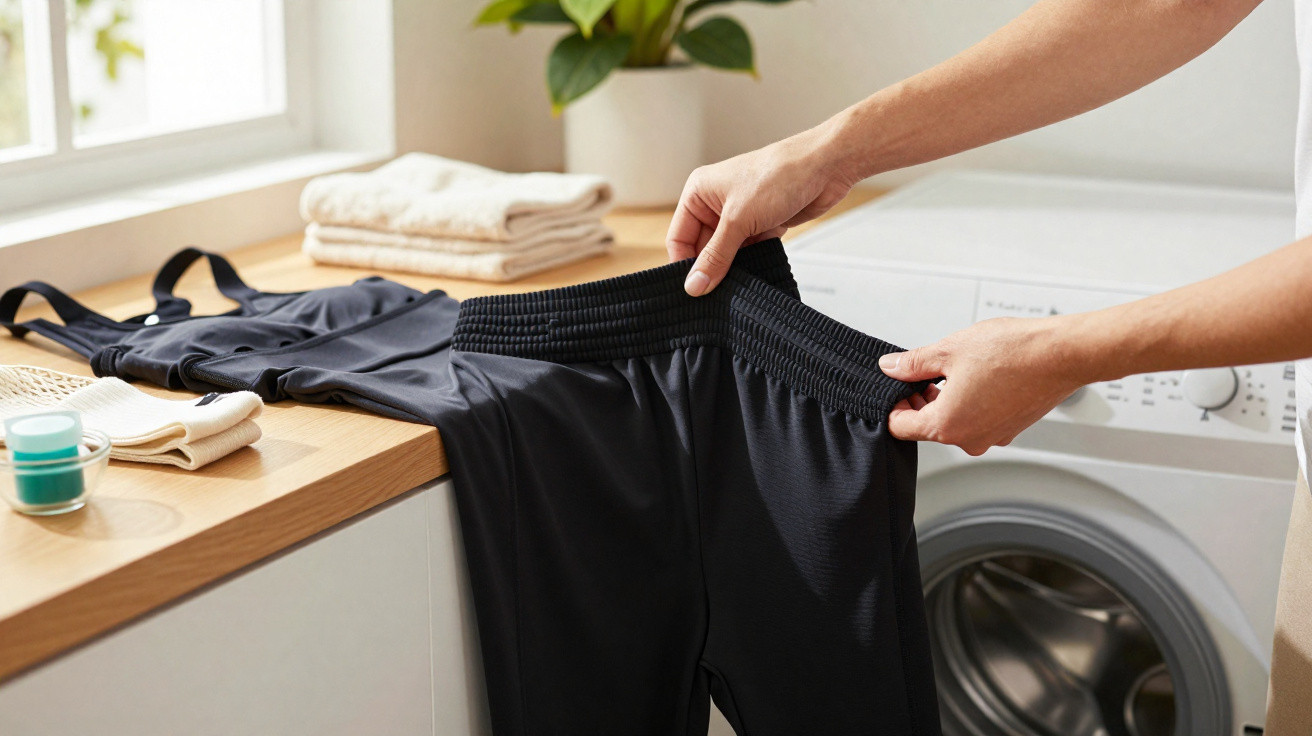 Hands stretching the waistband of black athletic shorts near a washing machine and folded towels.