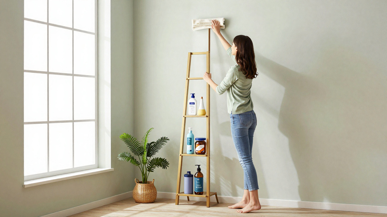 Woman cleaning high wall with cloth next to wooden shelf holding bottles and plant by tall window