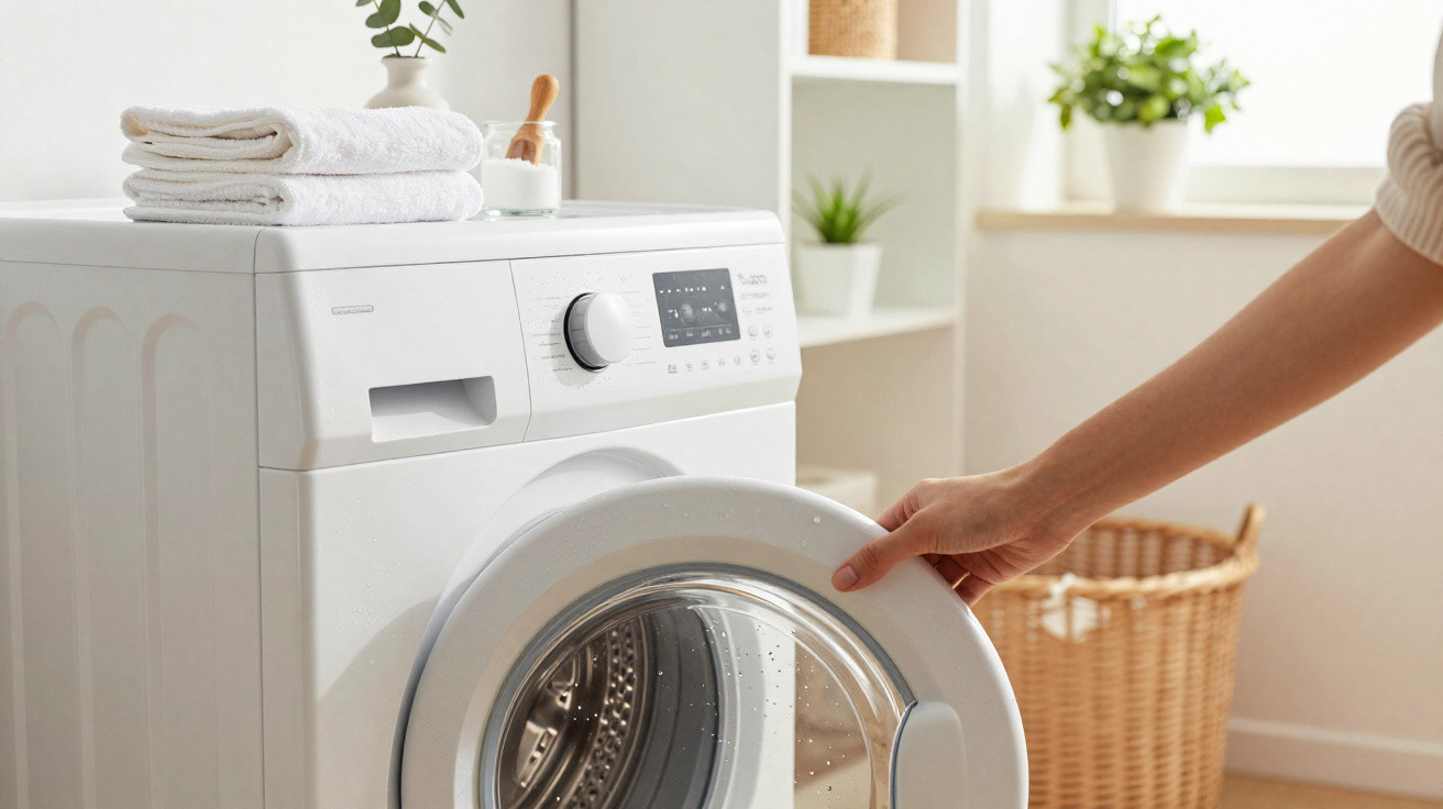Person opening front-loading washing machine door in bright laundry room with folded towels on top