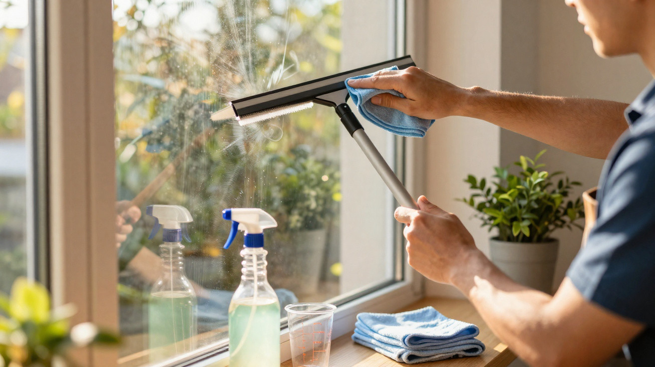 Man cleaning a window indoors with a squeegee and cloth next to spray bottles and folded towels.