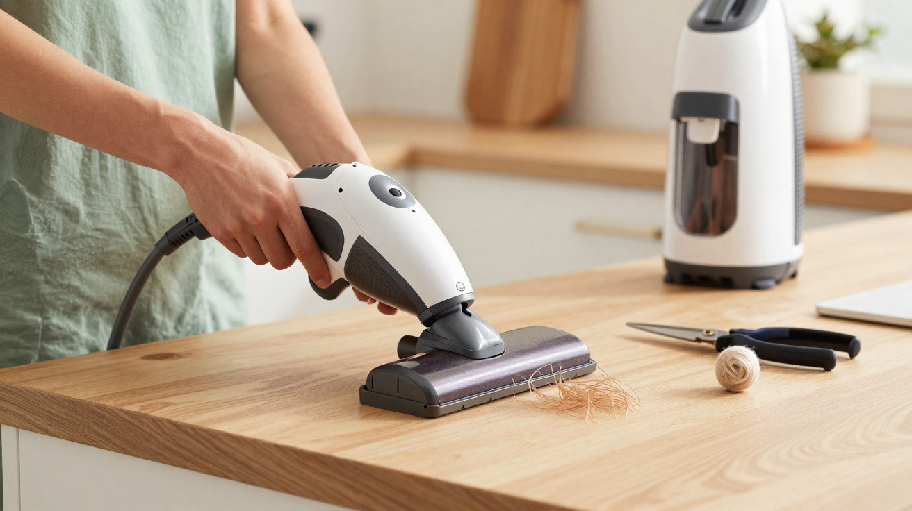 Person using a handheld fabric shaver to remove lint and fuzz from a wooden table surface.