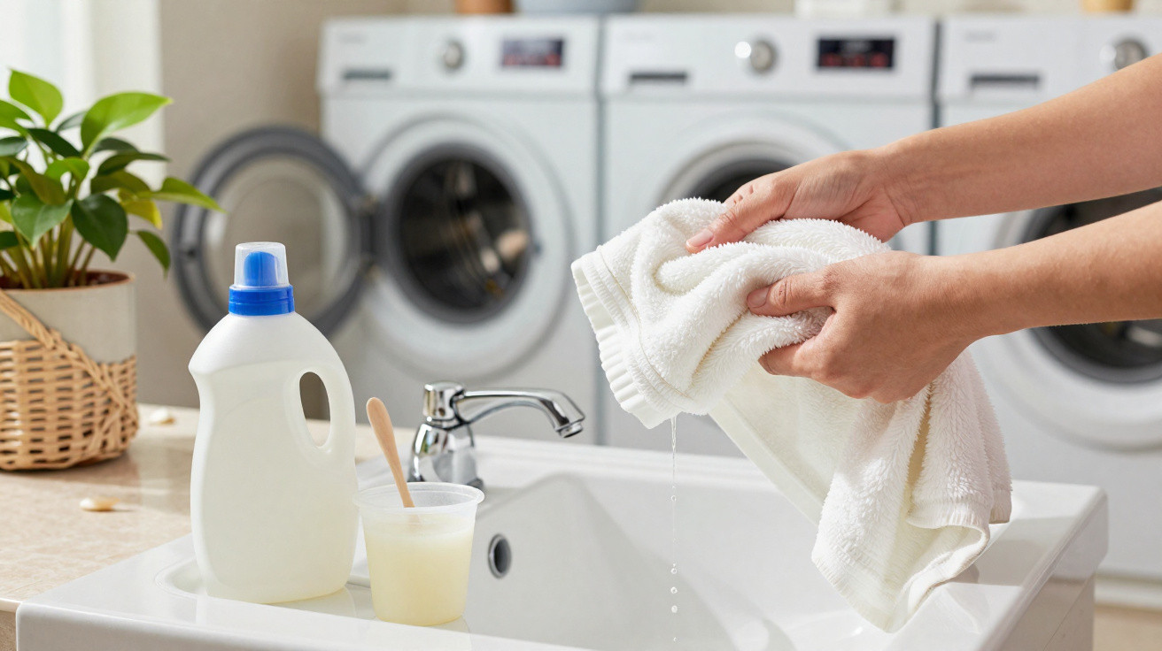 Person wringing water from a white towel over a sink with laundry detergent and washing machines in background.
