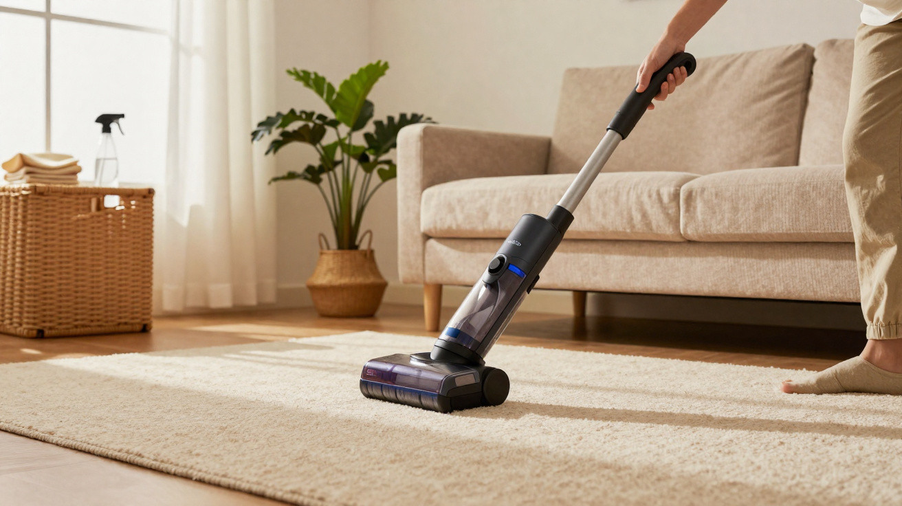 Person vacuuming a beige carpet in a bright living room with a sofa, plant, and wicker basket.