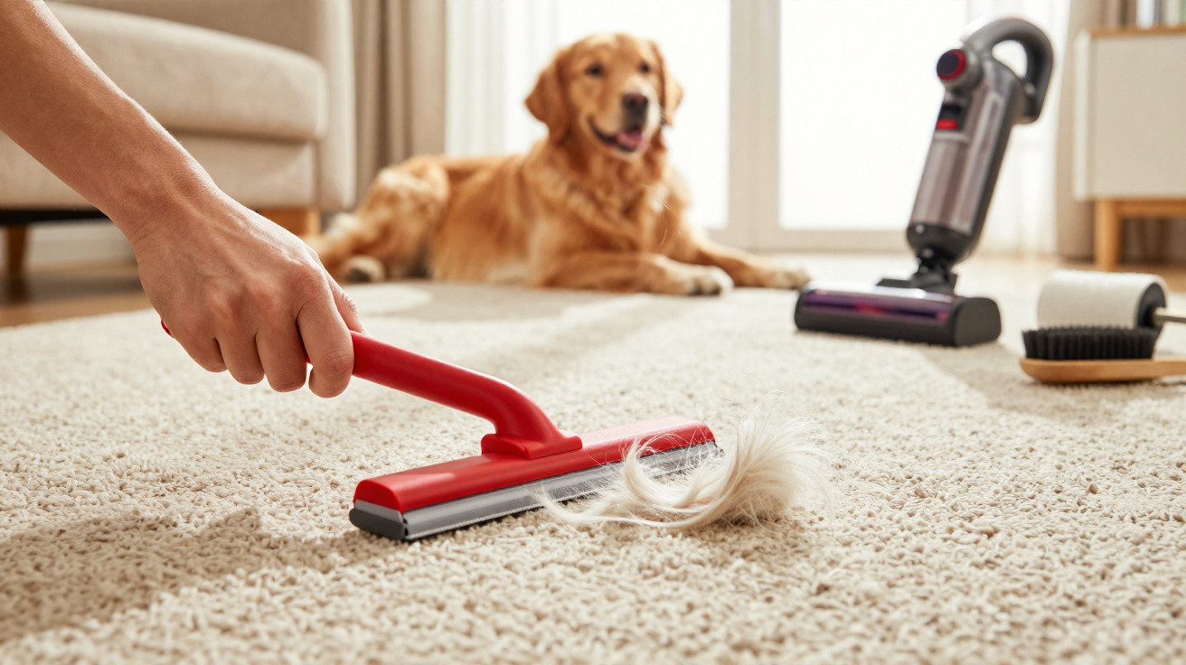 Hand removing pet hair from cream carpet with red lint brush, golden retriever dog lying in background near vacuum cleaner.