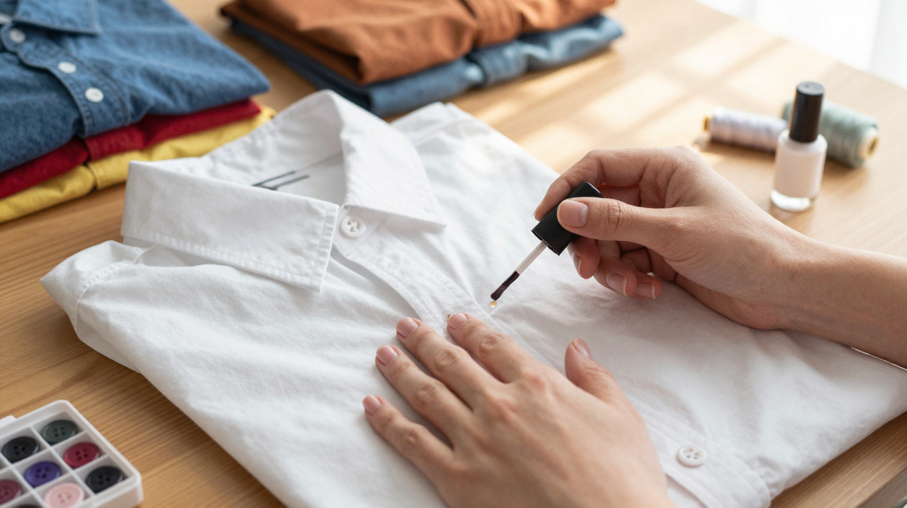 Hands applying nail polish to a white shirt fabric on a wooden table with folded clothes in background.