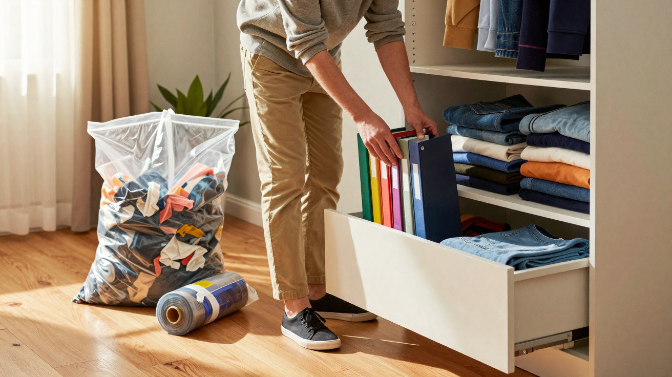 Person organising colourful binders into a wardrobe drawer with folded clothes and laundry bag nearby.