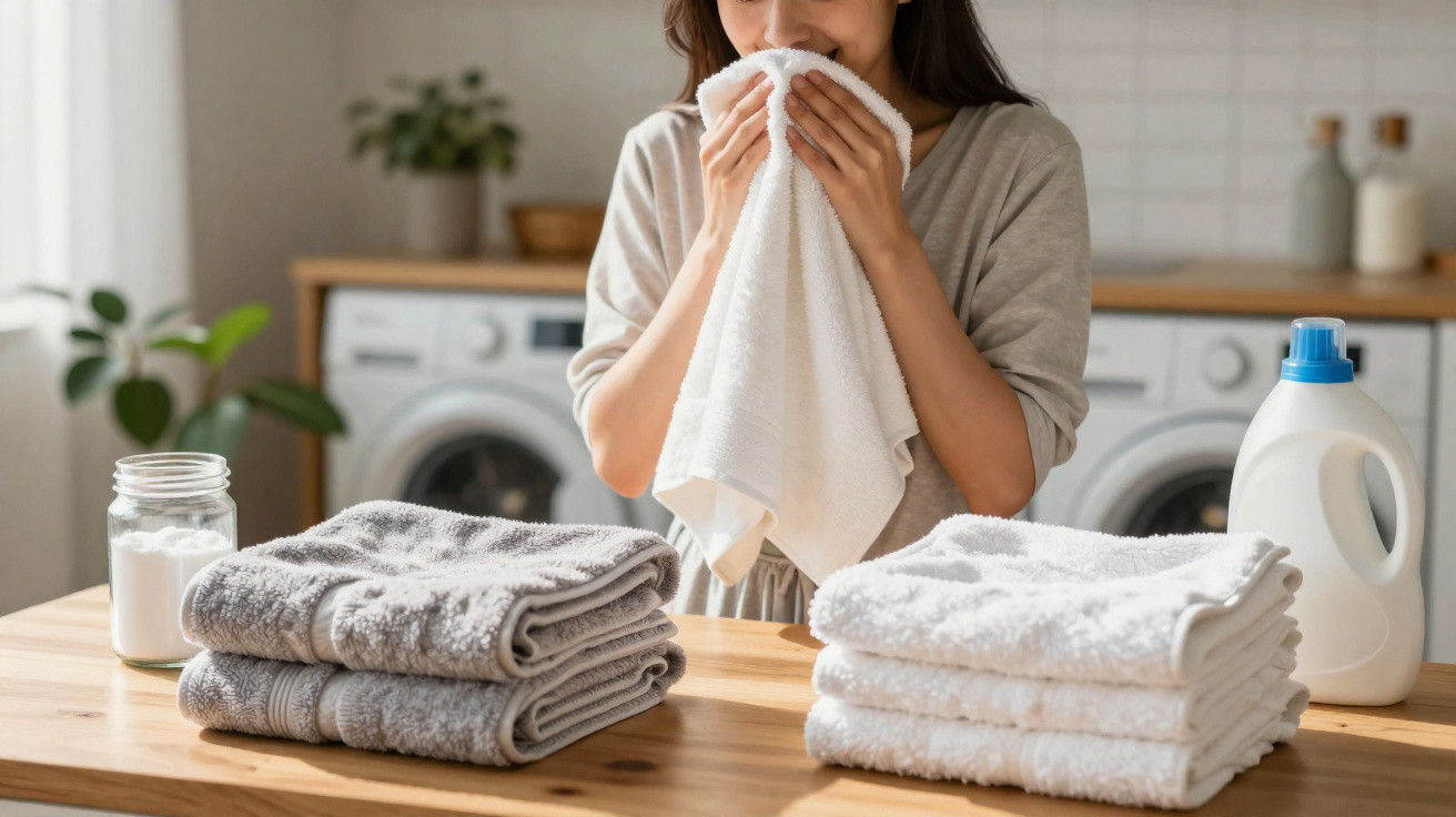 Woman smelling a clean white towel at a wooden table with folded towels and laundry detergent in a laundry room.
