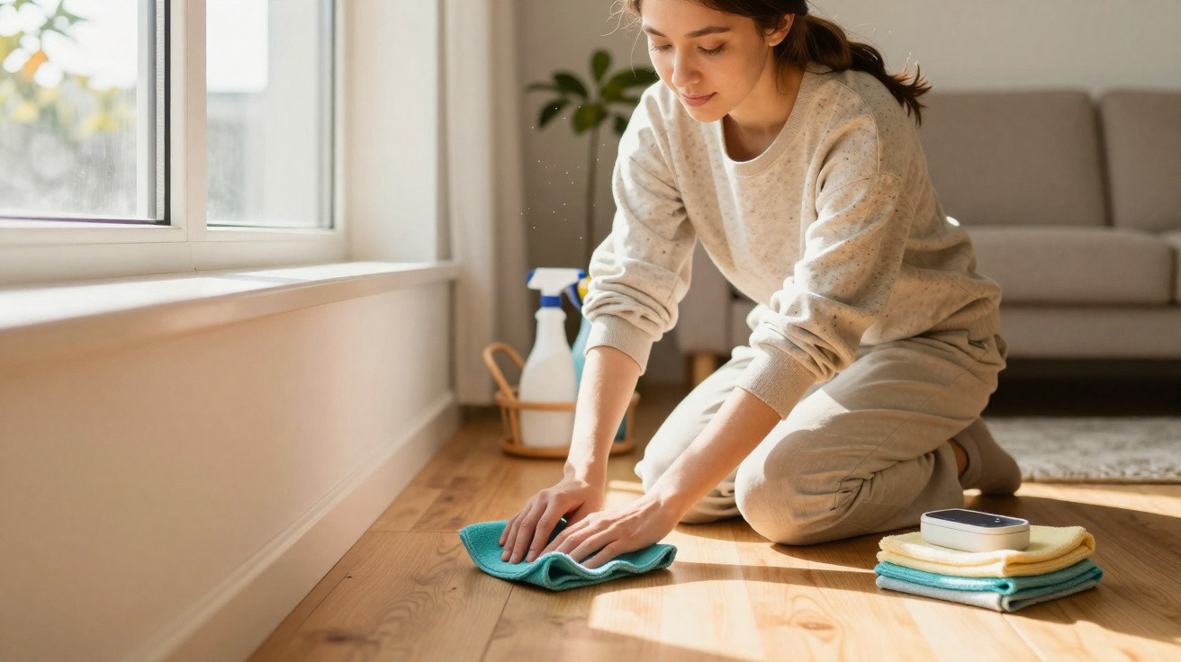 Young woman kneeling and cleaning a wooden floor near a window in a bright living room.