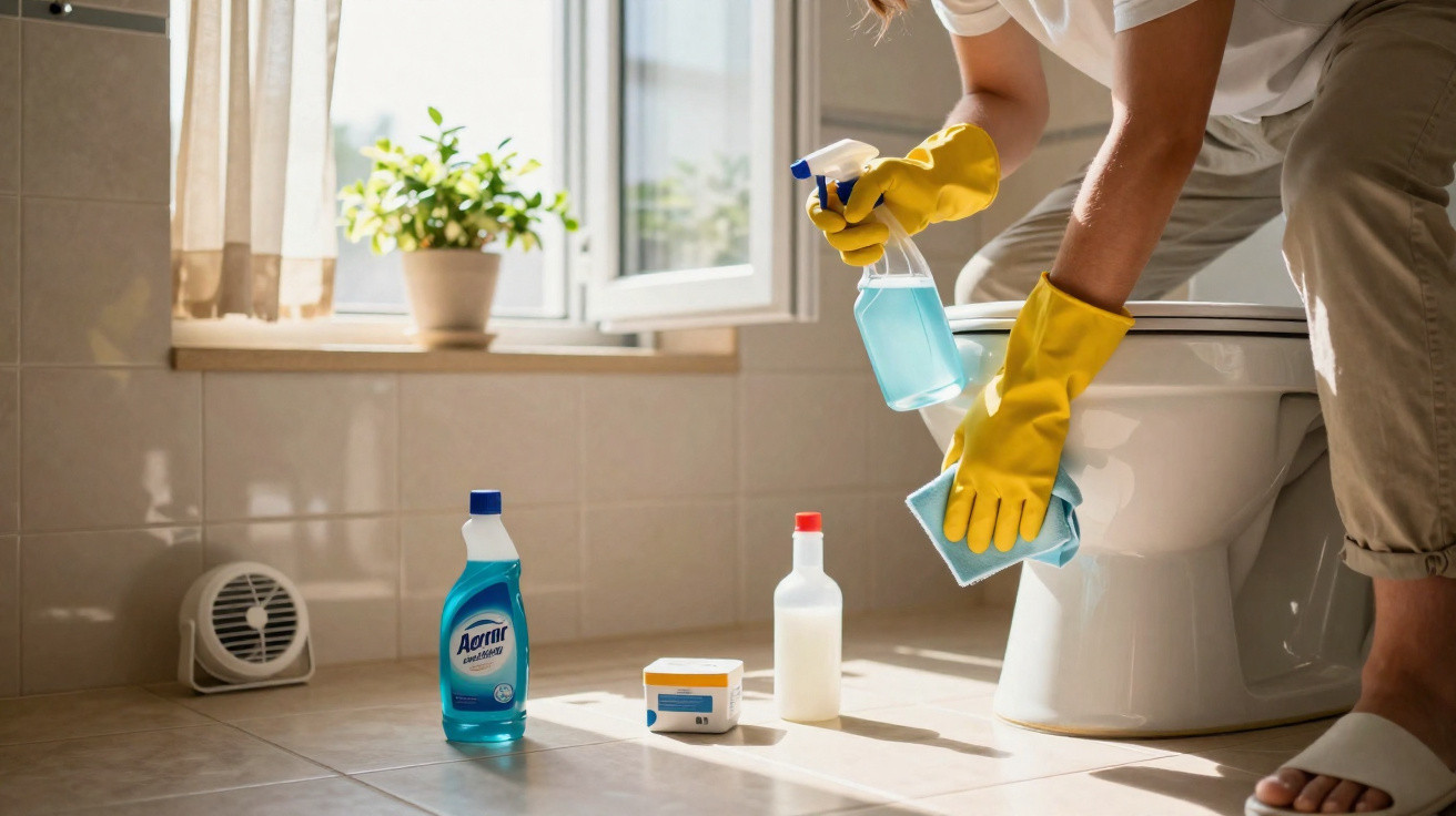 Person wearing yellow gloves cleaning toilet with spray bottle and cloth in bright bathroom with plants and cleaning products
