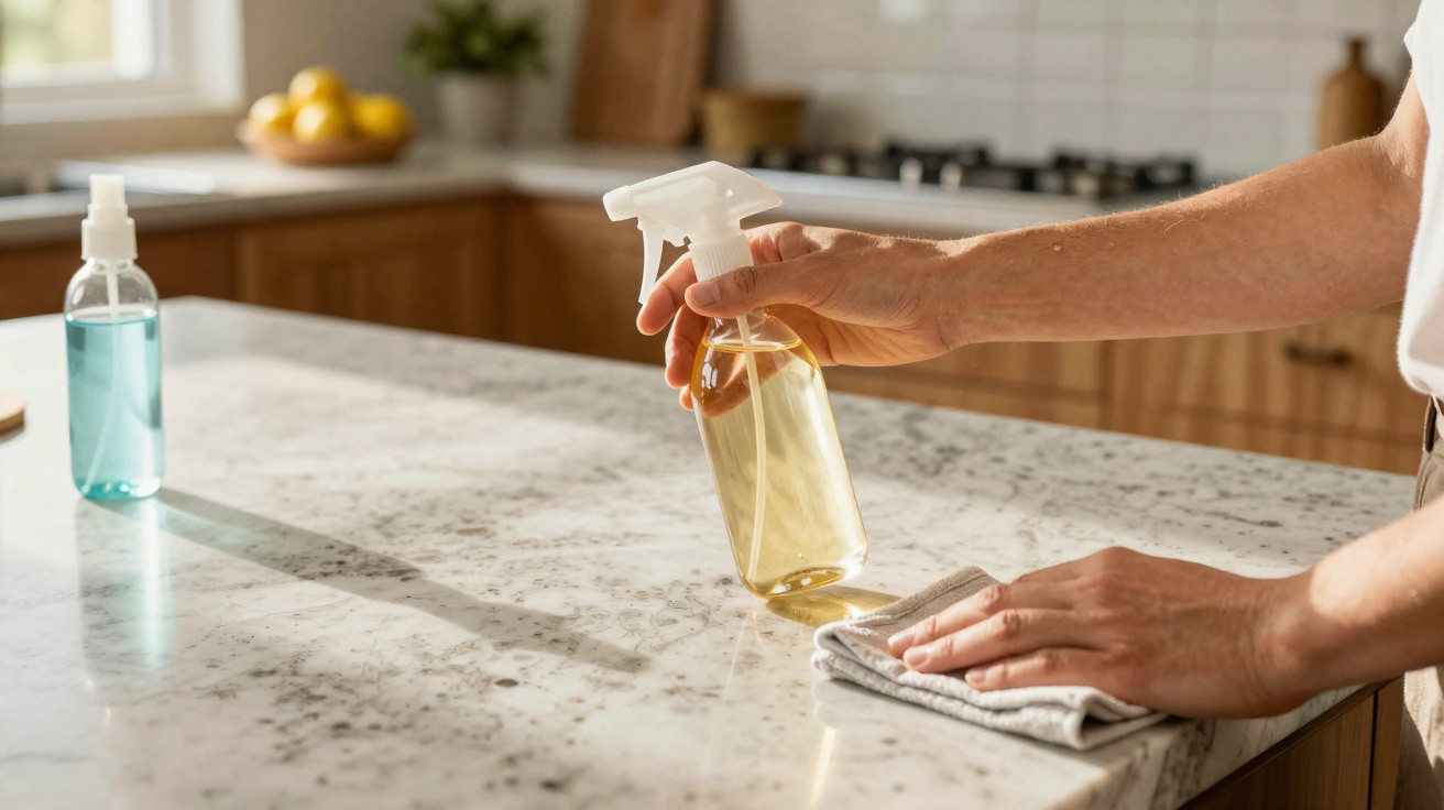 Person cleaning a marble kitchen countertop with a spray bottle and cloth in natural light.