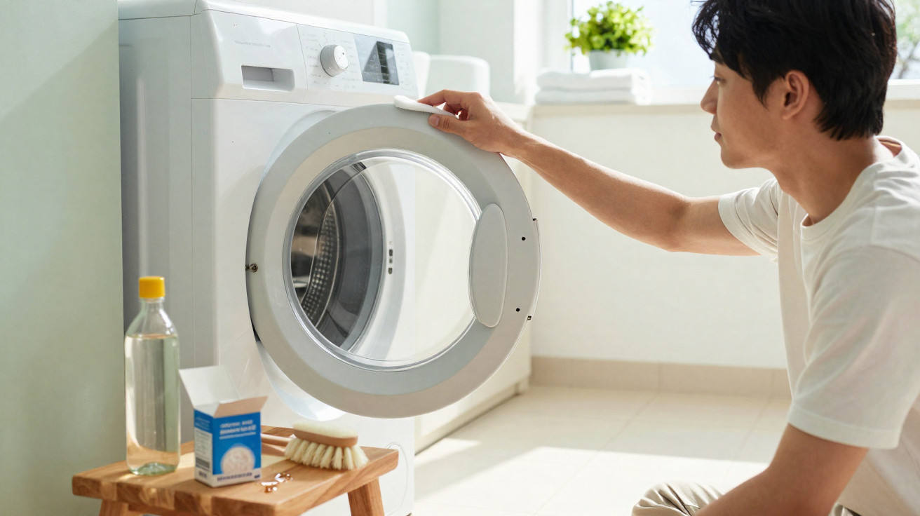 Man opening front door of washing machine in bright laundry room with cleaning supplies nearby on stool.