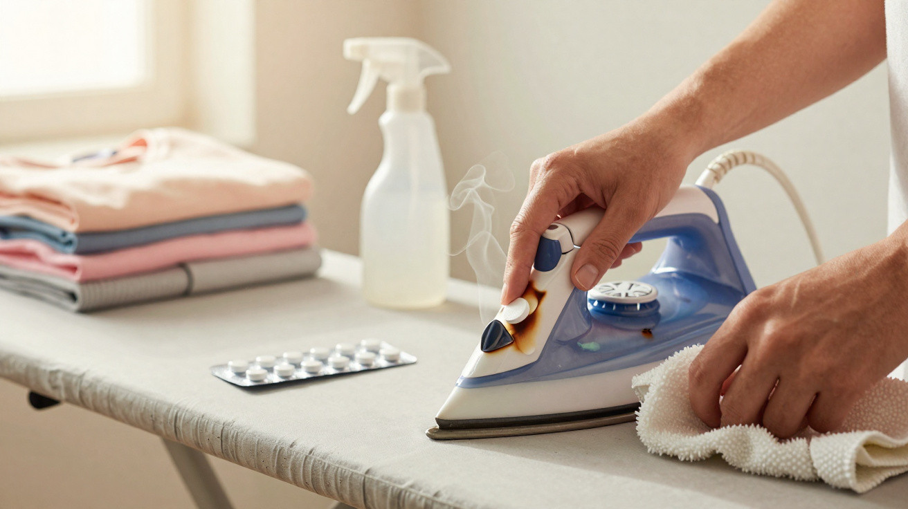 Hands using a burnt steam iron on an ironing board with folded clothes and a spray bottle in the background.