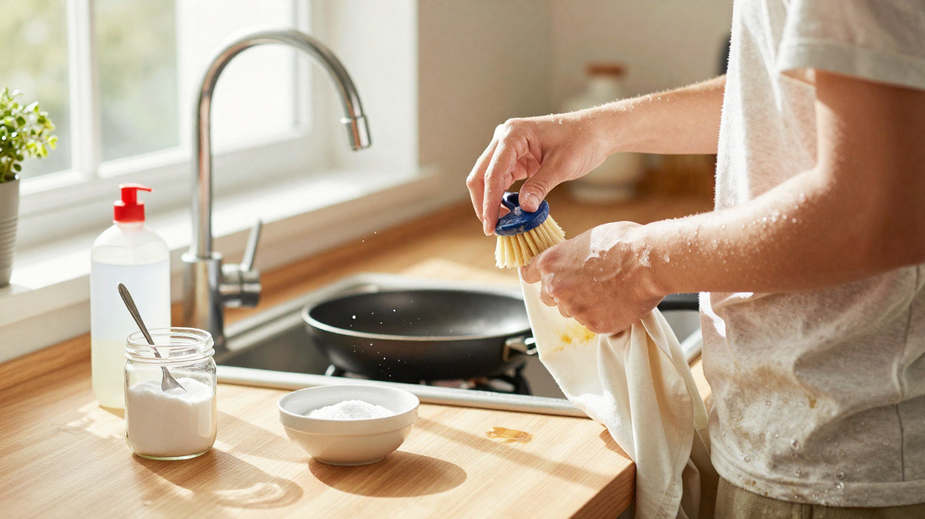 Person hand washing a cloth with a brush at a kitchen sink next to soap and a frying pan.
