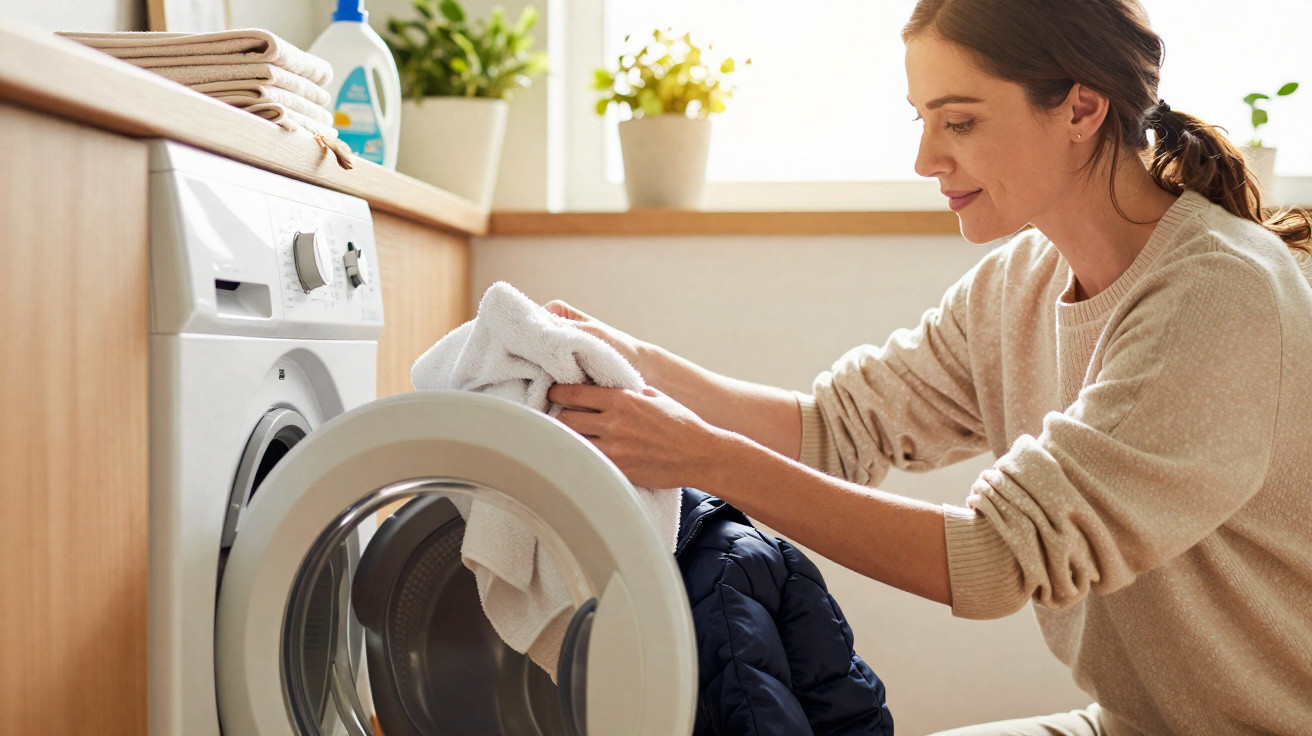 Woman loading clothes into a front-loading washing machine in a bright, tidy laundry room.