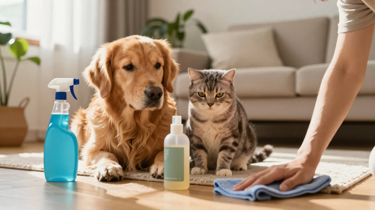 Golden retriever and tabby cat sitting on floor near cleaning supplies and person wiping floor with cloth