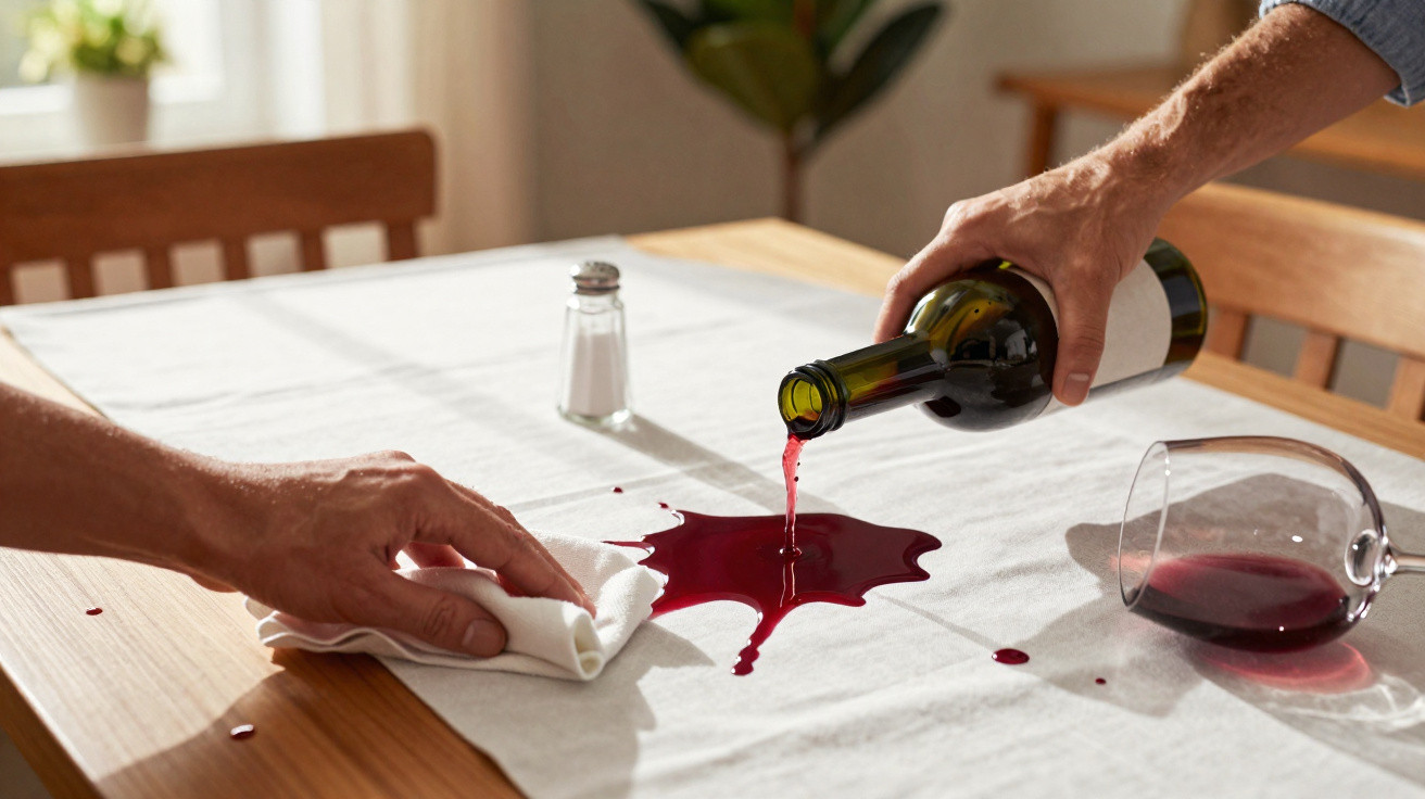 Two hands, one pouring red wine onto a white tablecloth, the other wiping a spill with a cloth.