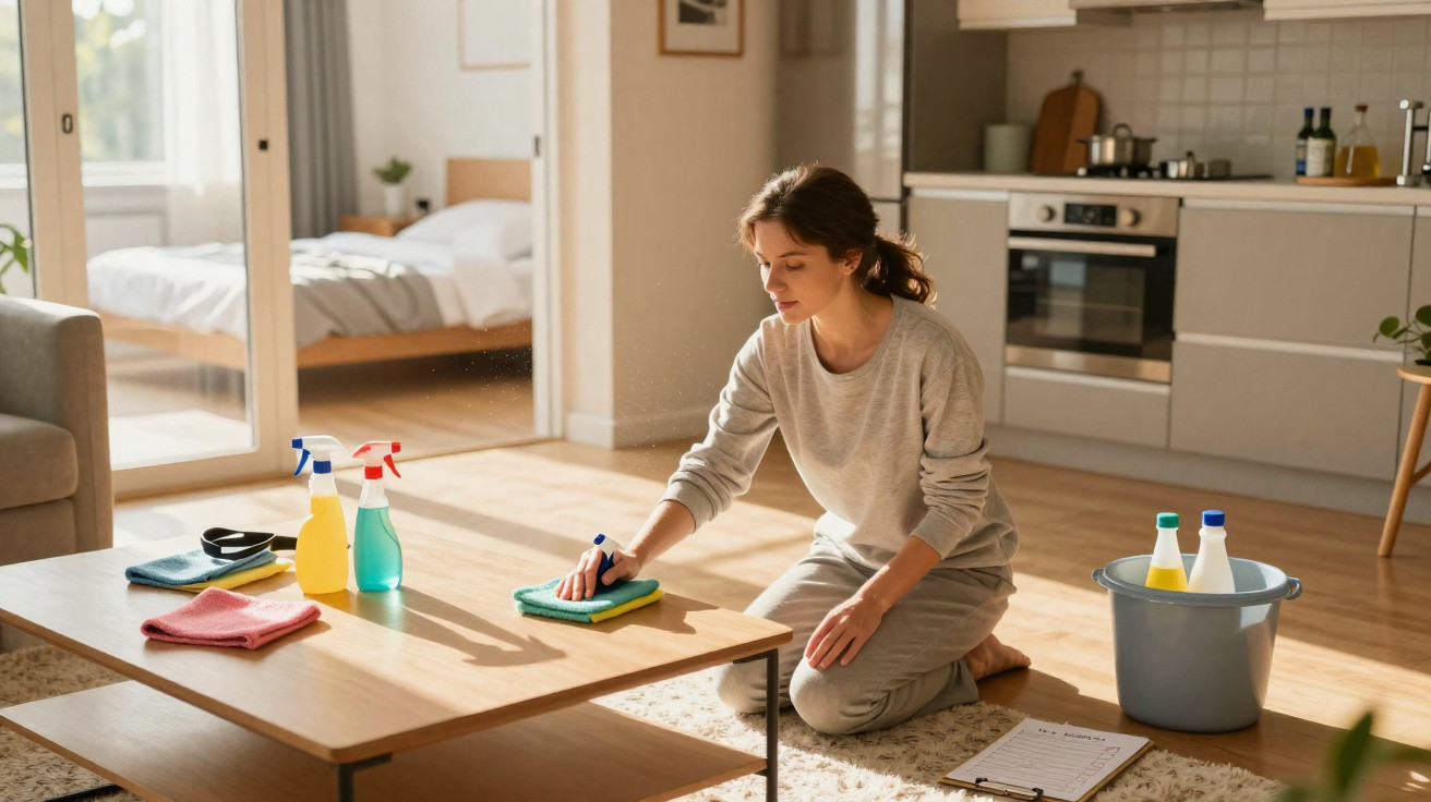 Woman kneeling and cleaning a wooden coffee table in a bright living room with cleaning supplies nearby.