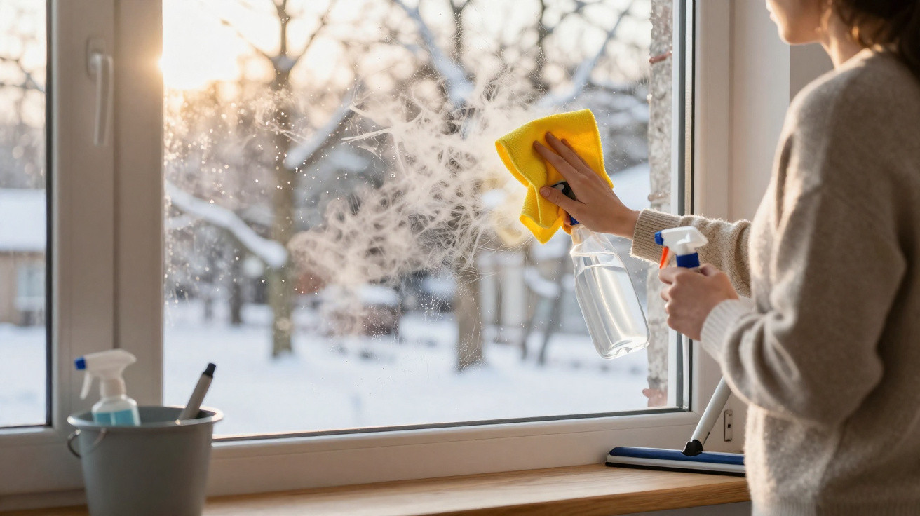 Person cleaning a frosted window with a yellow cloth and spray bottle during wintertime.