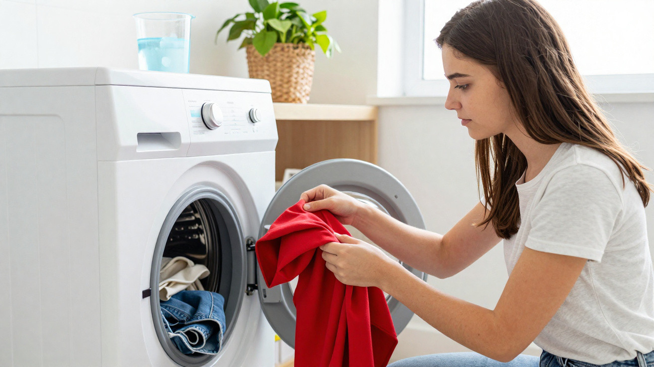 Woman loading red clothes into a front-loading washing machine in a bright laundry room