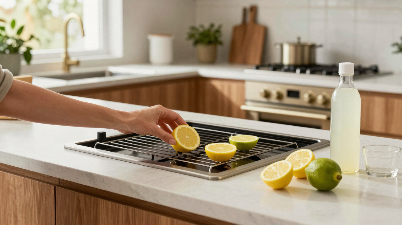 Hand placing a lemon half on a kitchen stove with lemons, lime, and a bottle on the counter.