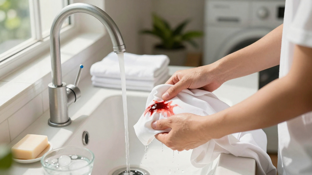 Hands rinsing a white cloth with a red stain under a running kitchen sink tap.