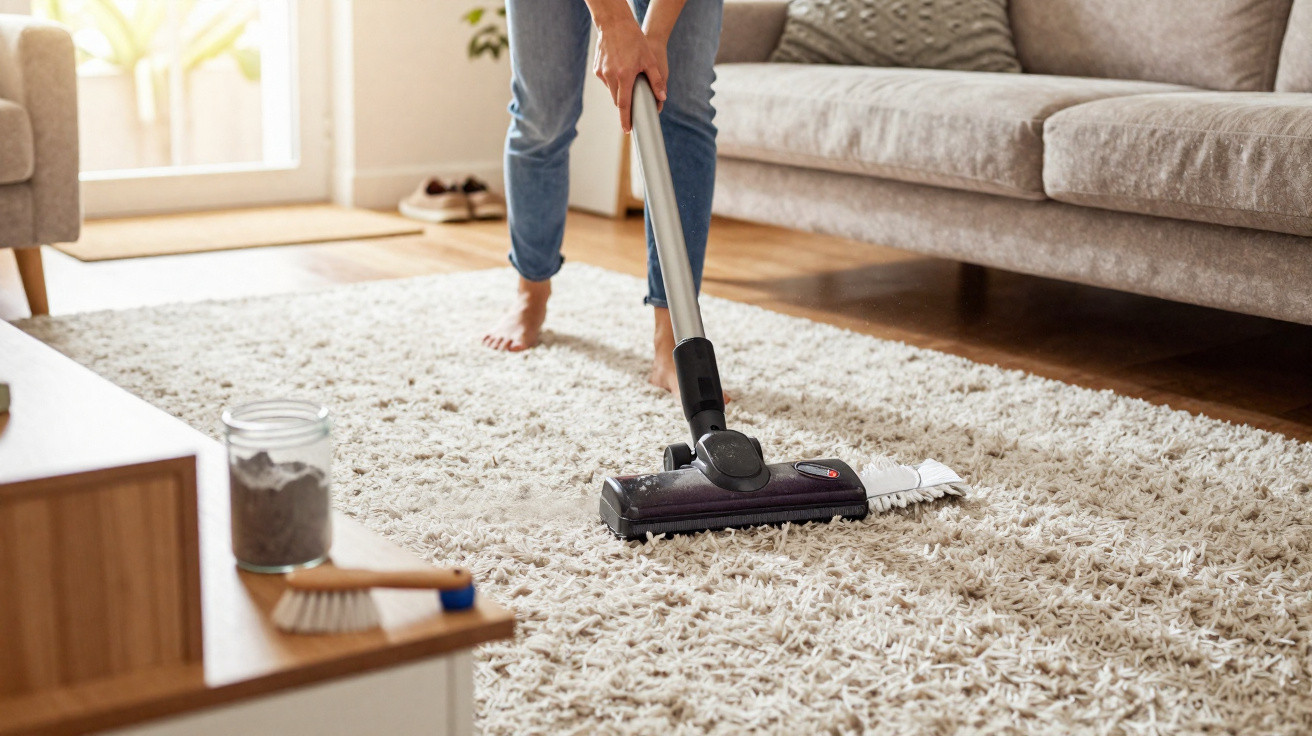 Person using a vacuum cleaner to clean a fluffy carpet in a bright living room with a sofa.