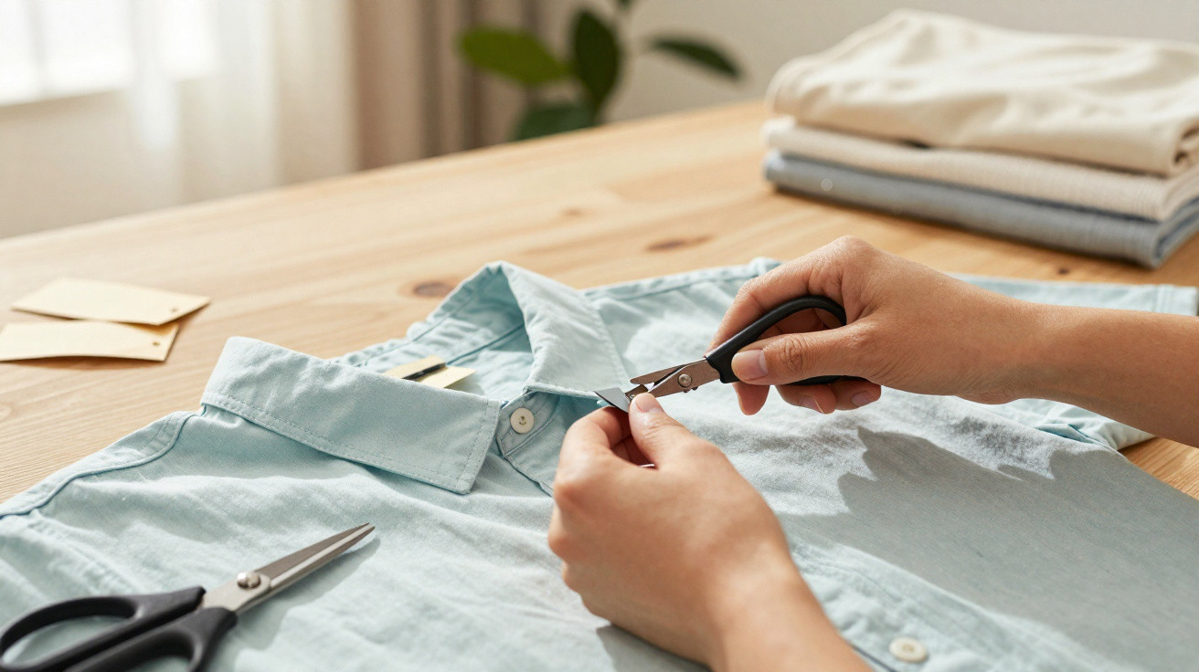 Hands using small scissors to remove a clothing label from a light blue button-up shirt on a wooden table.