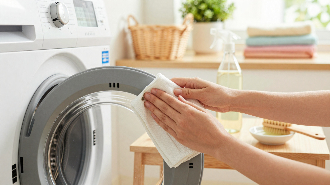 Person cleaning the door of a front-loading washing machine with a white cloth in a bright laundry room.