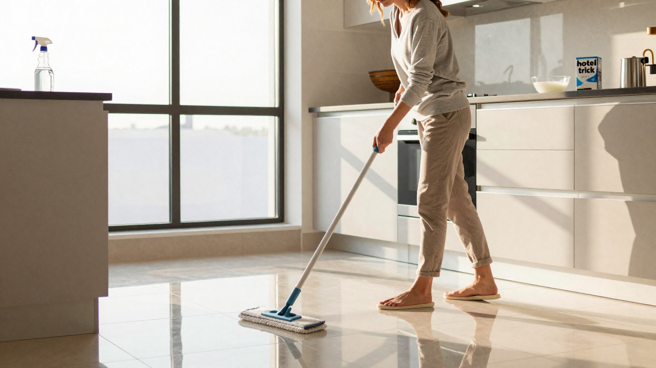 Person mopping a shiny tiled kitchen floor in sunlight barefoot, with cleaning spray on the counter.