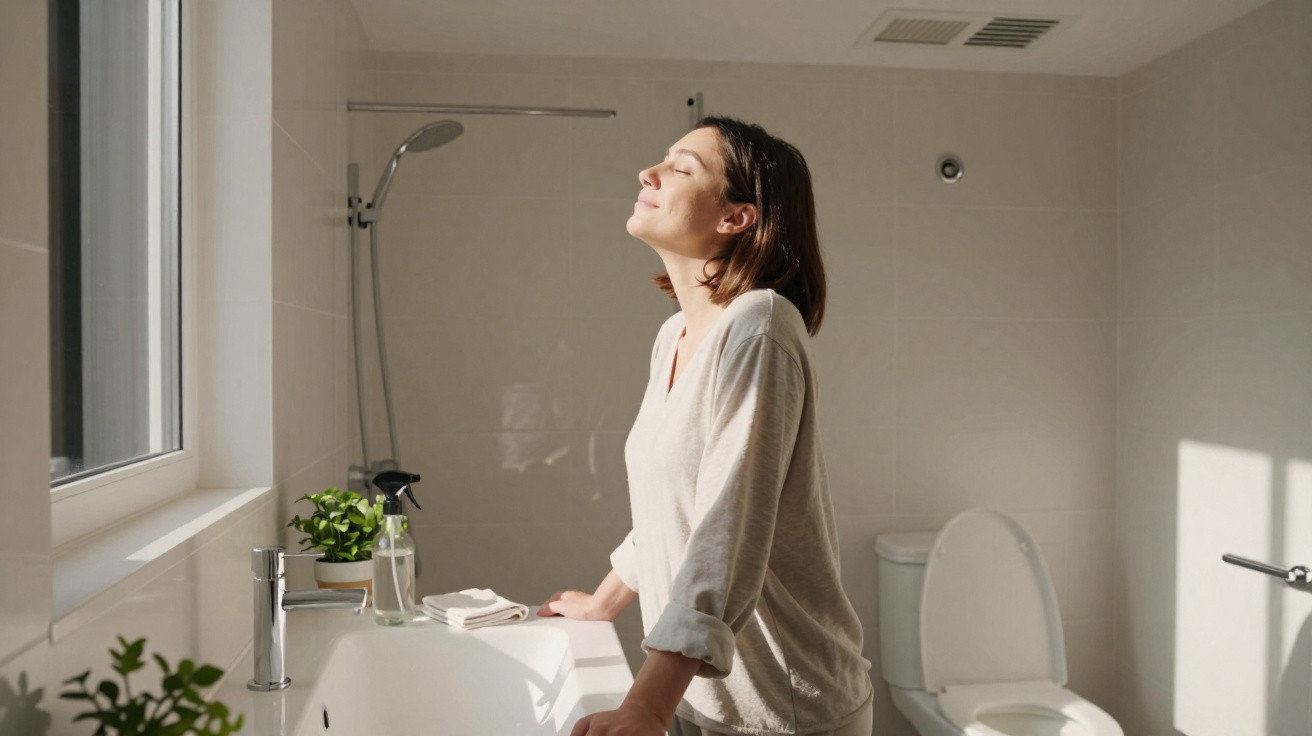 Woman enjoying morning sunlight in a bright bathroom, standing by the sink with eyes closed and relaxed expression.