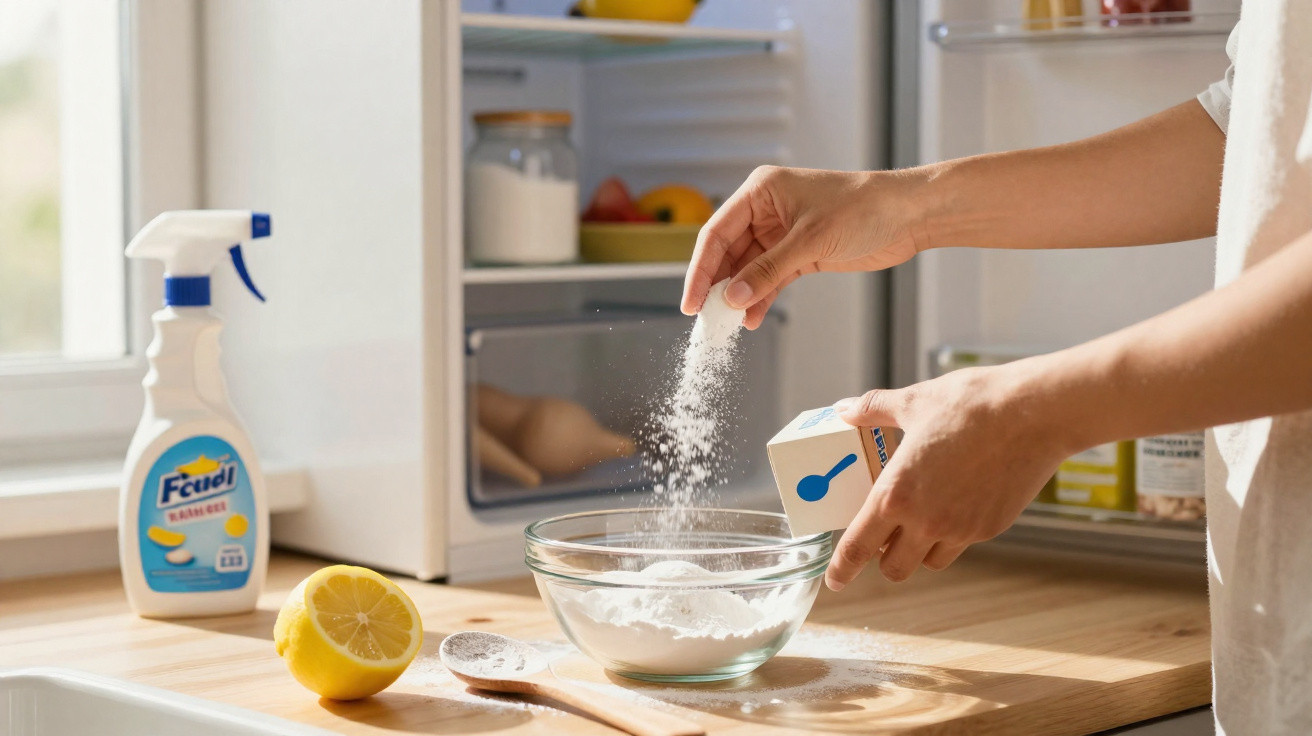 Person pouring baking soda into a glass bowl on a kitchen counter with a lemon and cleaning spray nearby.