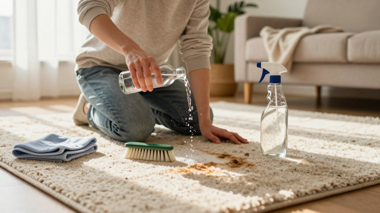 Person pouring liquid onto a stained carpet with cleaning brush and spray bottle nearby.