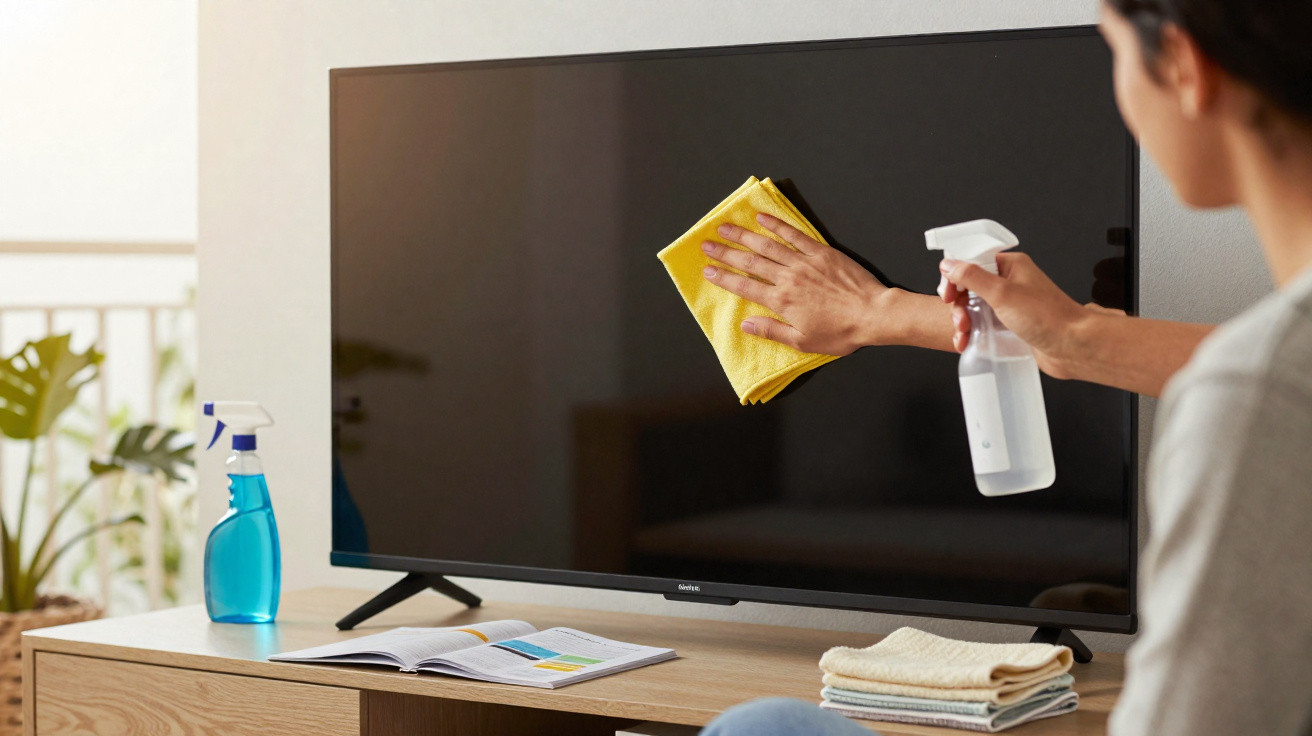 Person cleaning a flat-screen TV with a spray bottle and yellow cloth in a bright living room.