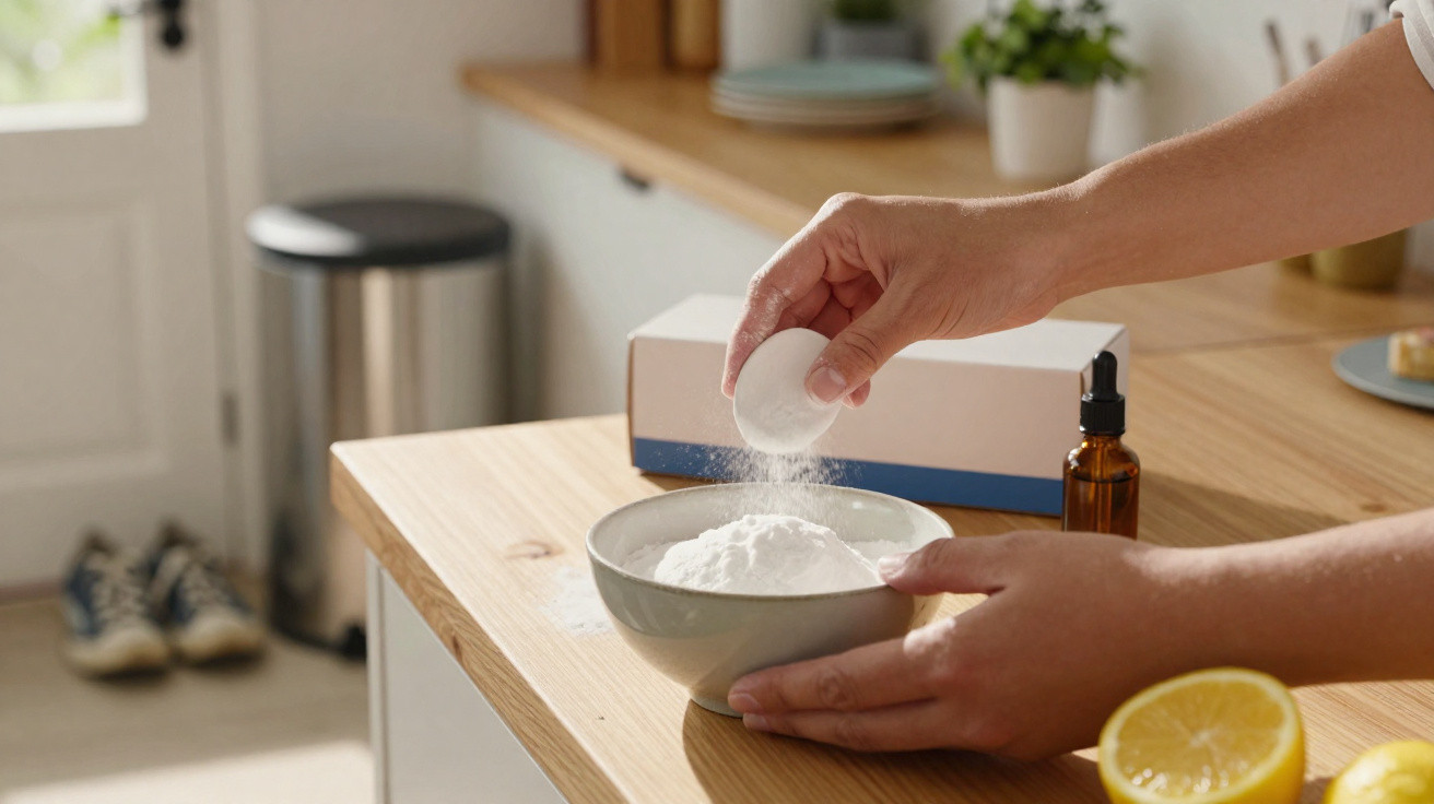 Hands sprinkling baking soda into a bowl on a wooden kitchen counter with lemon and dropper bottle nearby.