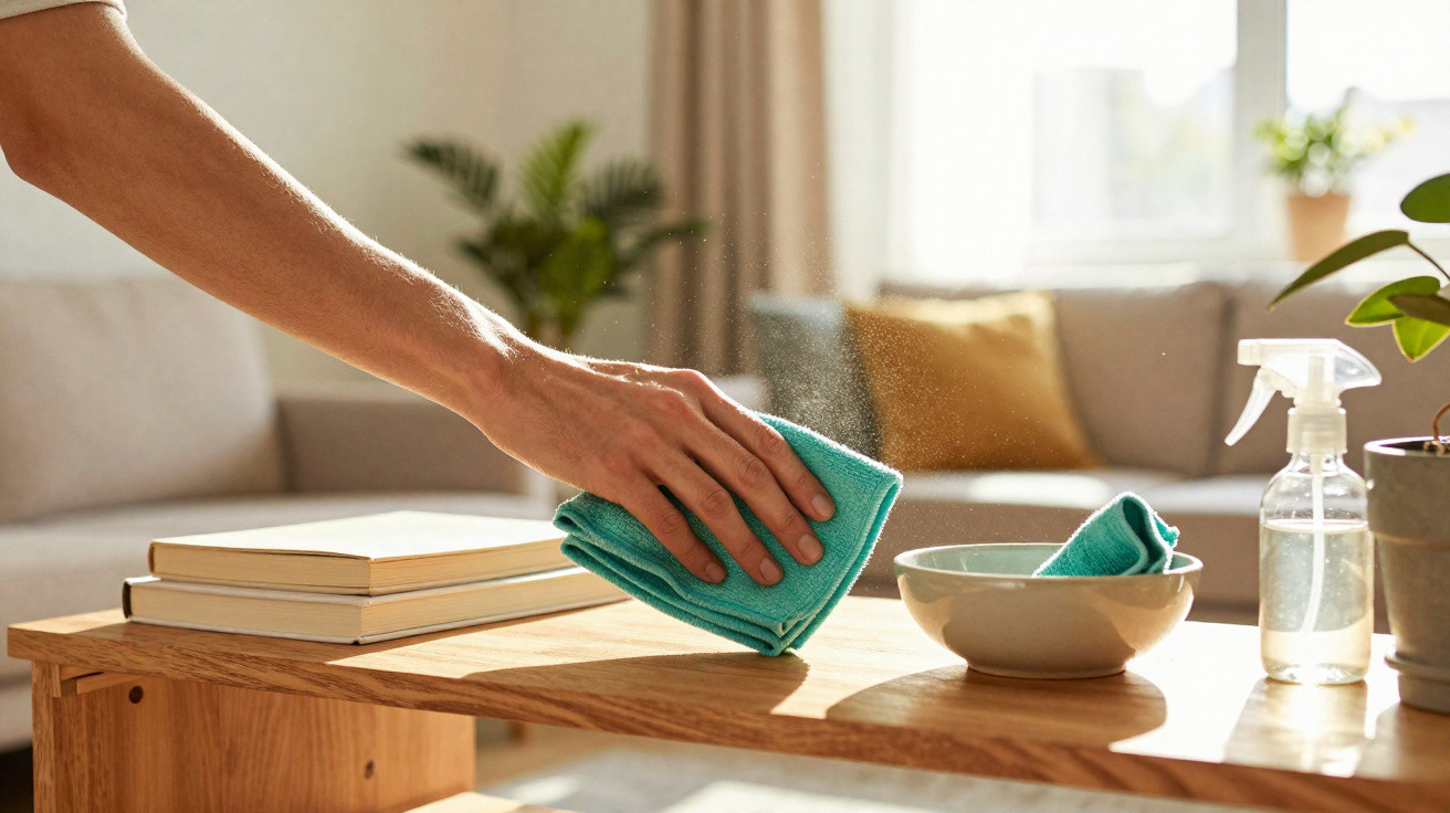 Hand wiping a wooden coffee table with a teal cloth in a sunlit living room.