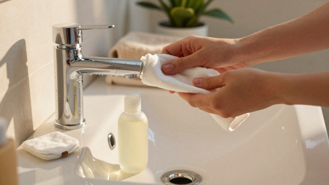 Hands cleaning a chrome bathroom faucet with a white cloth above a sink holding a small bottle and a folded cloth.
