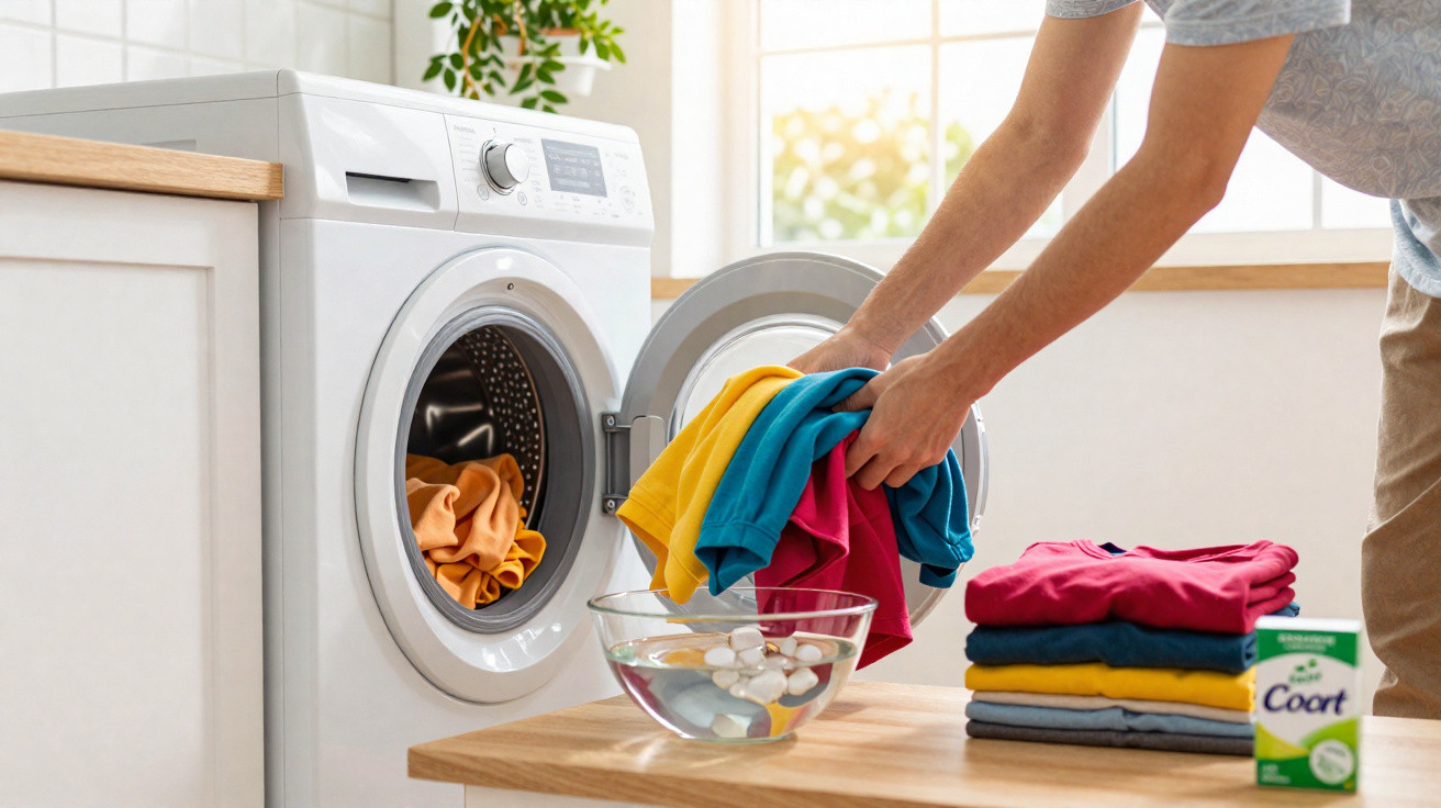 Person loading colourful clothes into a front-loading washing machine in a bright laundry room.