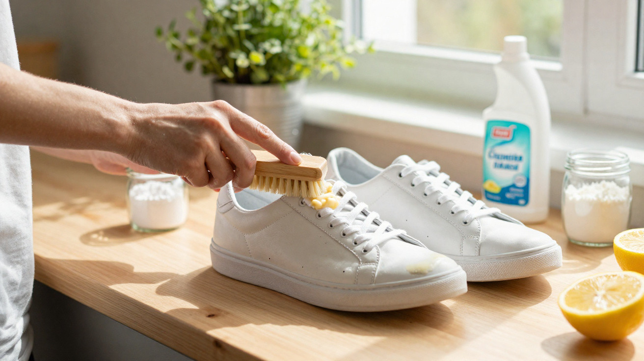 Person cleaning white sneakers with a brush on a wooden table near window and cleaning supplies.