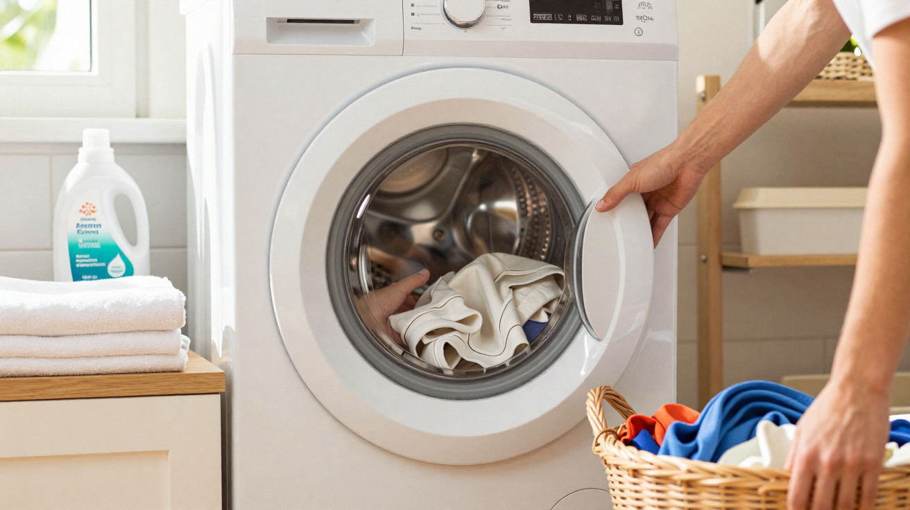 Person loading white clothes into a front-loading washing machine with a laundry basket nearby.