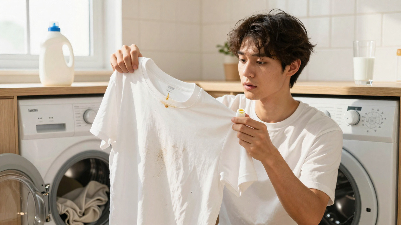 Young man inspecting a stained white T-shirt before putting stain remover on it in a laundry room.